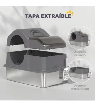 Arenero para Gatos Cubierto con Bandeja de Acero Inoxidable Tapa Extraíble Bordes Altos Fácil de Limpiar Gris Oscuro