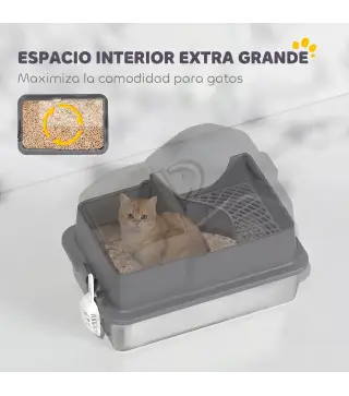 Arenero para Gatos Cubierto con Bandeja de Acero Inoxidable Tapa Extraíble Bordes Altos Fácil de Limpiar Gris Oscuro
