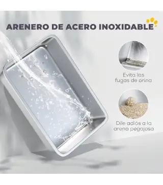 Arenero para Gatos Cubierto con Bandeja de Acero Inoxidable Tapa Extraíble Bordes Altos Fácil de Limpiar Gris Oscuro