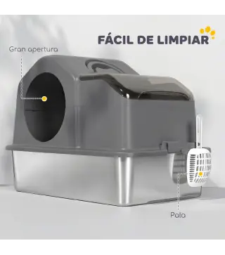 Arenero para Gatos Cubierto con Bandeja de Acero Inoxidable Tapa Extraíble Bordes Altos Fácil de Limpiar Gris Oscuro