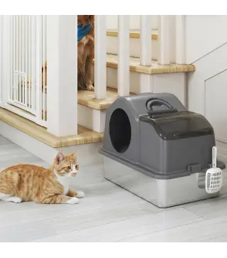 Arenero para Gatos Cubierto con Bandeja de Acero Inoxidable Tapa Extraíble Bordes Altos Fácil de Limpiar Gris Oscuro