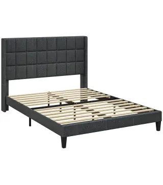 Cama 135x190 cm con Almacenaje Inferior Tapizada y Cabecero Acolchado con Orejas Gris