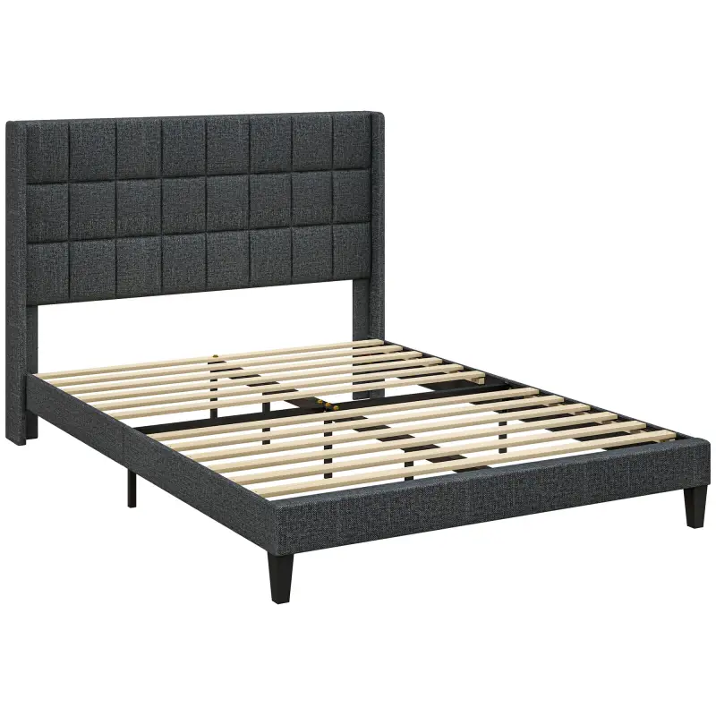 Cama 135x190 cm con Almacenaje Inferior Tapizada y Cabecero Acolchado con Orejas Gris