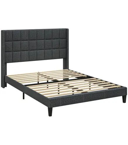 Cama 135x190 cm con Almacenaje Inferior Tapizada y Cabecero Acolchado con Orejas Gris