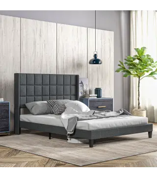 Cama 135x190 cm con Almacenaje Inferior Tapizada y Cabecero Acolchado con Orejas Gris