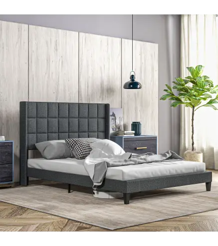 Cama 135x190 cm con Almacenaje Inferior Tapizada y Cabecero Acolchado con Orejas Gris