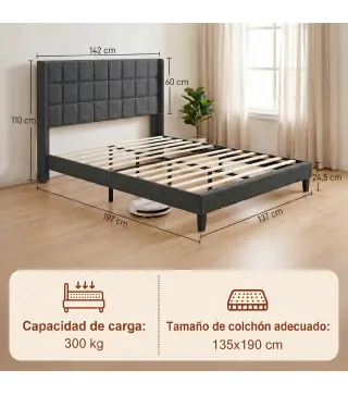 Cama 135x190 cm con Almacenaje Inferior Tapizada y Cabecero Acolchado con Orejas Gris
