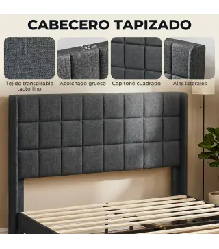 Cama 135x190 cm con Almacenaje Inferior Tapizada y Cabecero Acolchado con Orejas Gris
