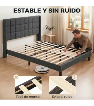 Cama 135x190 cm con Almacenaje Inferior Tapizada y Cabecero Acolchado con Orejas Gris