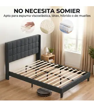 Cama 135x190 cm con Almacenaje Inferior Tapizada y Cabecero Acolchado con Orejas Gris