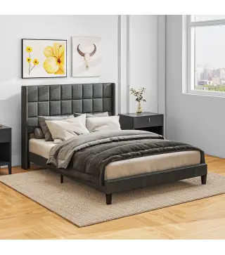 Cama 135x190 cm con Almacenaje Inferior Tapizada y Cabecero Acolchado con Orejas Gris