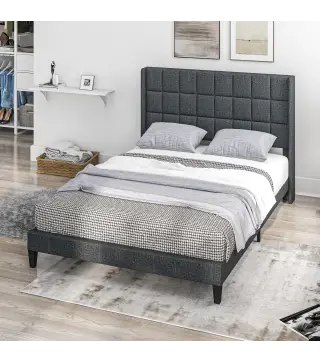 Cama 135x190 cm con Almacenaje Inferior Tapizada y Cabecero Acolchado con Orejas Gris