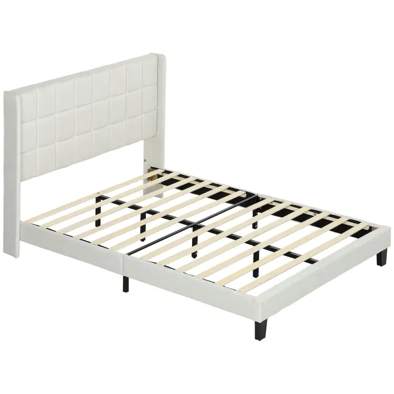 Cama 135x190 cm con Almacenaje Inferior Tapizada y Cabecero Acolchado con Orejas Beige