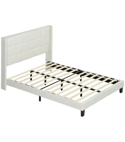 Cama 135x190 cm con Almacenaje Inferior Tapizada y Cabecero Acolchado con Orejas Beige