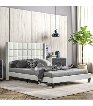 Cama 135x190 cm con Almacenaje Inferior Tapizada y Cabecero Acolchado con Orejas Beige