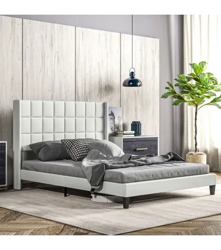 Cama 135x190 cm con Almacenaje Inferior Tapizada y Cabecero Acolchado con Orejas Beige