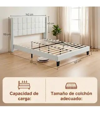 Cama 135x190 cm con Almacenaje Inferior Tapizada y Cabecero Acolchado con Orejas Beige