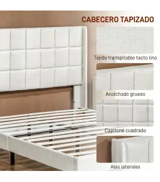 Cama 135x190 cm con Almacenaje Inferior Tapizada y Cabecero Acolchado con Orejas Beige