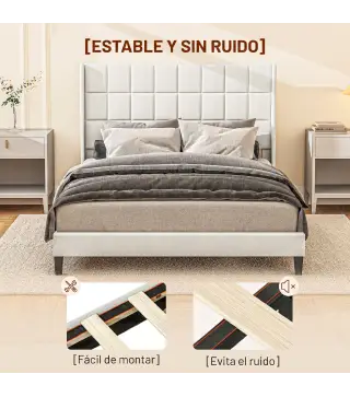 Cama 135x190 cm con Almacenaje Inferior Tapizada y Cabecero Acolchado con Orejas Beige