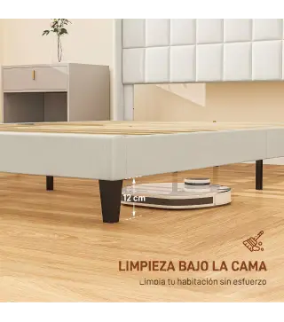 Cama 135x190 cm con Almacenaje Inferior Tapizada y Cabecero Acolchado con Orejas Beige