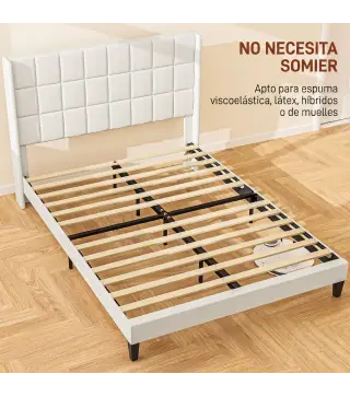 Cama 135x190 cm con Almacenaje Inferior Tapizada y Cabecero Acolchado con Orejas Beige