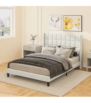 Cama 135x190 cm con Almacenaje Inferior Tapizada y Cabecero Acolchado con Orejas Beige