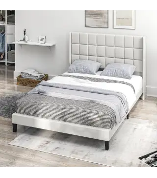 Cama 135x190 cm con Almacenaje Inferior Tapizada y Cabecero Acolchado con Orejas Beige