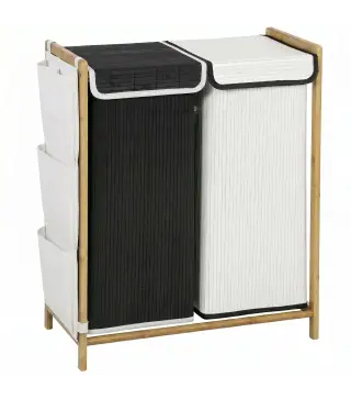Cesto de Ropa Sucia con Tapa 120L de Bambú con 2 Compartimentos Bolsas con Cordón Bolsillos Laterales Blanco y Negro