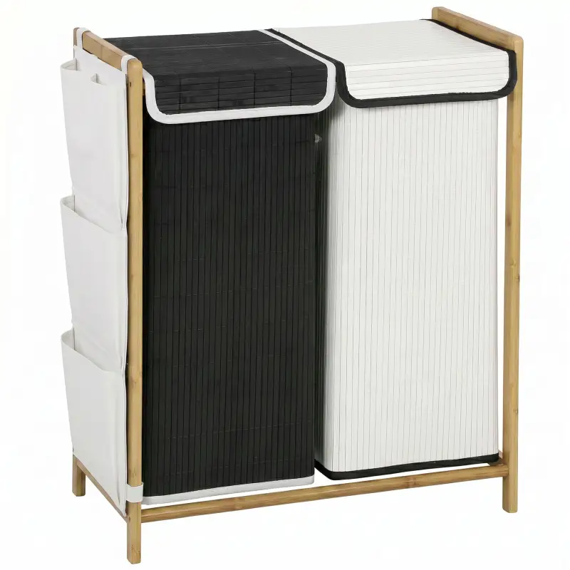 Cesto de Ropa Sucia con Tapa 120L de Bambú con 2 Compartimentos Bolsas con Cordón Bolsillos Laterales Blanco y Negro Cesto de Ropa Sucia con Tapa 120L de Bambú con 2 Compartimentos Bolsas con Cordón Bolsillos Laterales Blanco y Negro