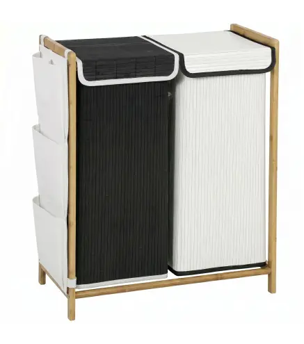Cesto de Ropa Sucia con Tapa 120L de Bambú con 2 Compartimentos Bolsas con Cordón Bolsillos Laterales Blanco y Negro