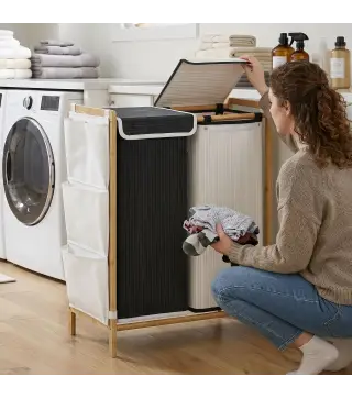 Cesto de Ropa Sucia con Tapa 120L de Bambú con 2 Compartimentos Bolsas con Cordón Bolsillos Laterales Blanco y Negro
