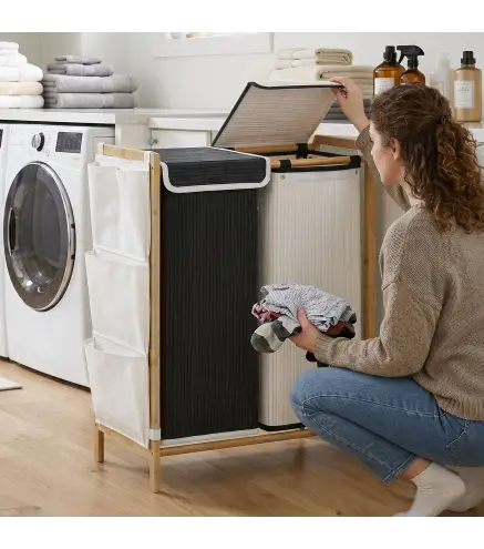 Cesto de Ropa Sucia con Tapa 120L de Bambú con 2 Compartimentos Bolsas con Cordón Bolsillos Laterales Blanco y Negro