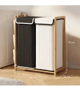 Cesto de Ropa Sucia con Tapa 120L de Bambú con 2 Compartimentos Bolsas con Cordón Bolsillos Laterales Blanco y Negro