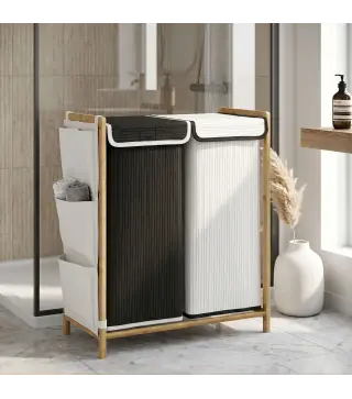 Cesto de Ropa Sucia con Tapa 120L de Bambú con 2 Compartimentos Bolsas con Cordón Bolsillos Laterales Blanco y Negro