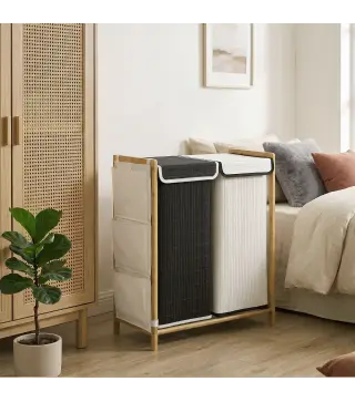 Cesto de Ropa Sucia con Tapa 120L de Bambú con 2 Compartimentos Bolsas con Cordón Bolsillos Laterales Blanco y Negro
