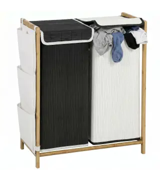 Cesto de Ropa Sucia con Tapa 120L de Bambú con 2 Compartimentos Bolsas con Cordón Bolsillos Laterales Blanco y Negro
