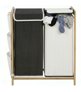 Cesto de Ropa Sucia con Tapa 120L de Bambú con 2 Compartimentos Bolsas con Cordón Bolsillos Laterales Blanco y Negro