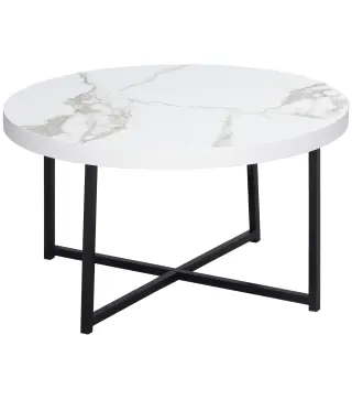 Mesa de Centro Mesa de Salón Redonda con Encimera Símil Mármol y Marco de Metal Estilo Moderno 80x80x45 cm Blanco