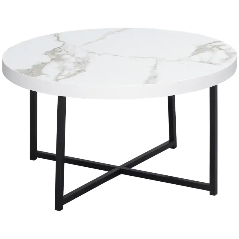 Mesa de Centro Mesa de Salón Redonda con Encimera Símil Mármol y Marco de Metal Estilo Moderno 80x80x45 cm Blanco