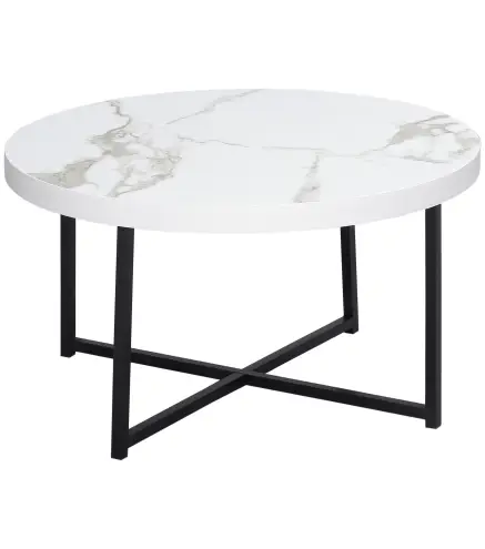 Mesa de Centro Mesa de Salón Redonda con Encimera Símil Mármol y Marco de Metal Estilo Moderno 80x80x45 cm Blanco