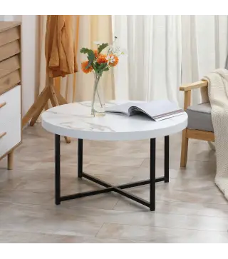 Mesa de Centro Mesa de Salón Redonda con Encimera Símil Mármol y Marco de Metal Estilo Moderno 80x80x45 cm Blanco