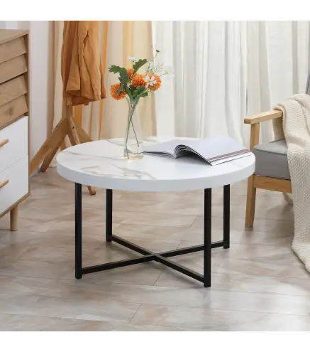 Mesa de Centro Mesa de Salón Redonda con Encimera Símil Mármol y Marco de Metal Estilo Moderno 80x80x45 cm Blanco