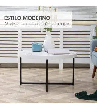 Mesa de Centro Mesa de Salón Redonda con Encimera Símil Mármol y Marco de Metal Estilo Moderno 80x80x45 cm Blanco