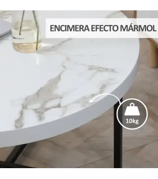 Mesa de Centro Mesa de Salón Redonda con Encimera Símil Mármol y Marco de Metal Estilo Moderno 80x80x45 cm Blanco