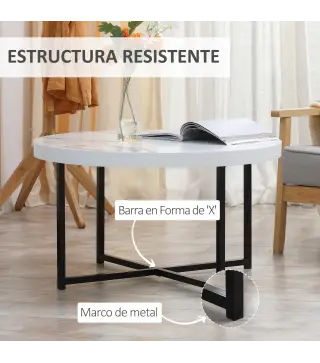 Mesa de Centro Mesa de Salón Redonda con Encimera Símil Mármol y Marco de Metal Estilo Moderno 80x80x45 cm Blanco