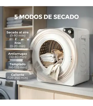 Secadora de Ropa Compacta 5 kg 1000W con 5 Modos de Secado Tambor de Acero Inoxidable Blanco