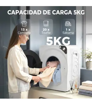 Secadora de Ropa Compacta 5 kg 1000W con 5 Modos de Secado Tambor de Acero Inoxidable Blanco
