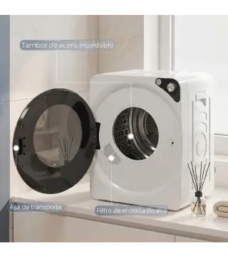 Secadora de Ropa Compacta 5 kg 1000W con 5 Modos de Secado Tambor de Acero Inoxidable Blanco