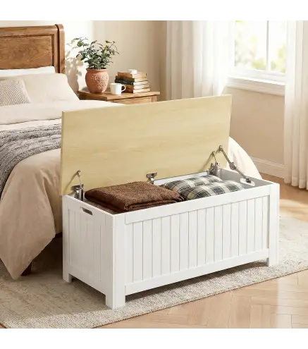 Baúl de Almacenaje 90 L con Tapa Baúl de Almacenaje Versátil con Bisagra de Seguridad 80,5x40x46,4 cm Natural y Blanco