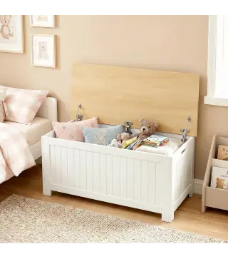 Baúl de Almacenaje 90 L con Tapa Baúl de Almacenaje Versátil con Bisagra de Seguridad 80,5x40x46,4 cm Natural y Blanco